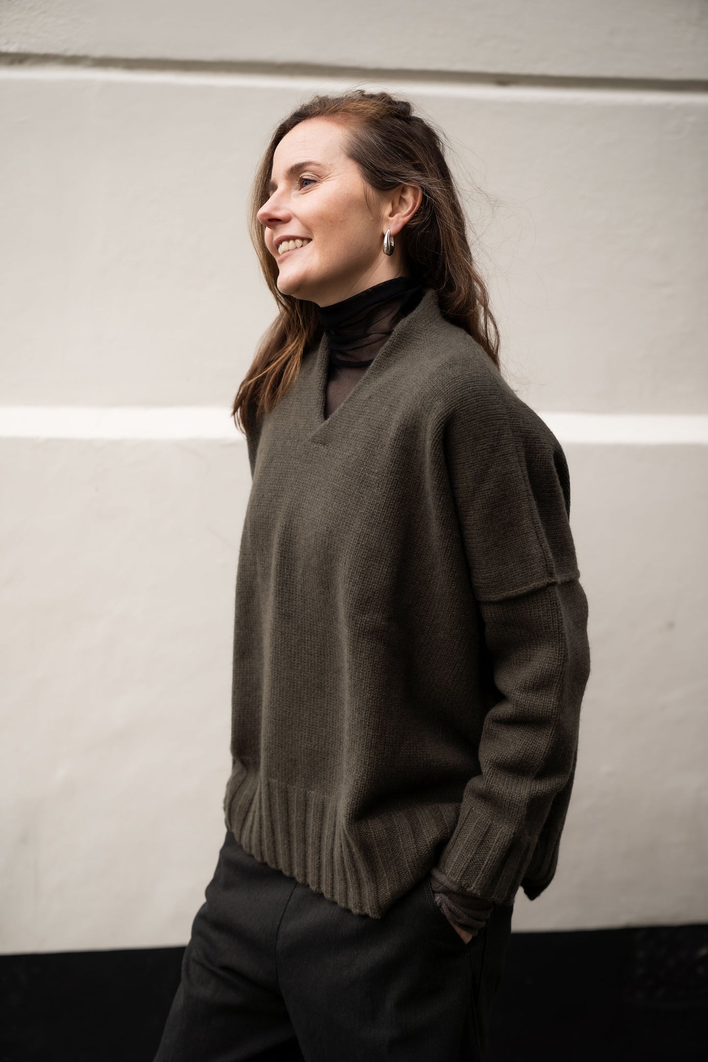 Khaki Green Cashmere Wool V-Sweater